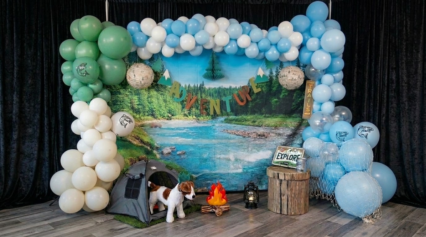 promotional backdrop with props & balloon surround